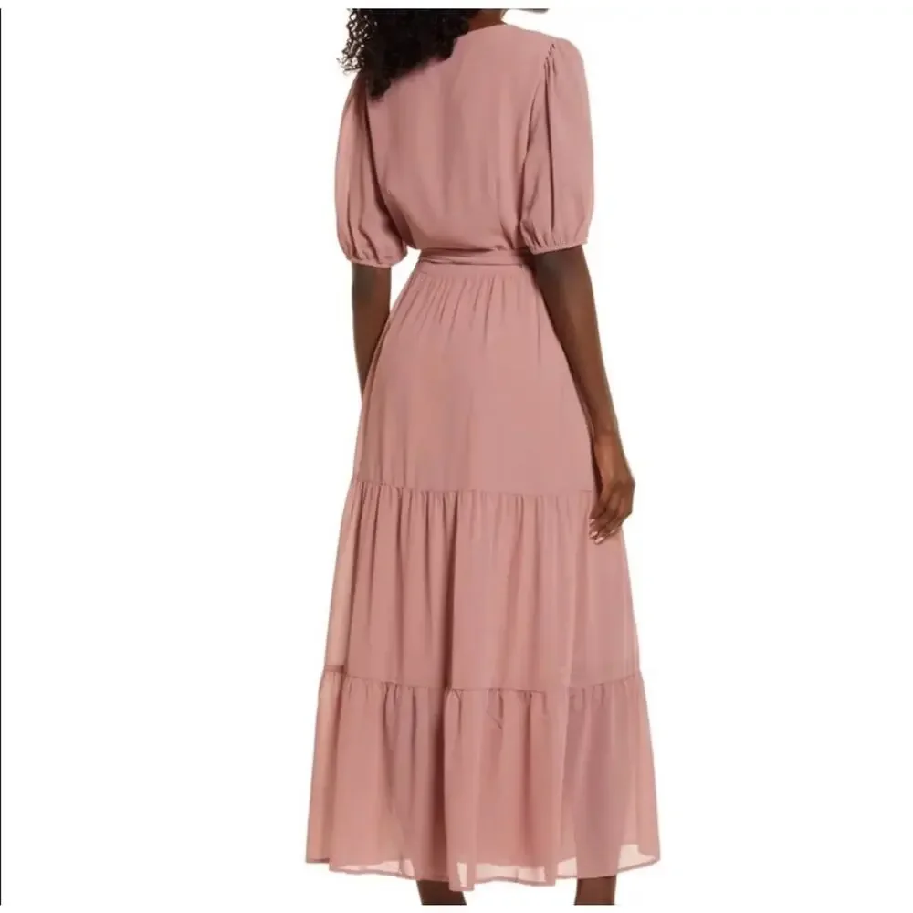 Charles Henry Short Sleeve Tiered Wrap Maxi Dress Size L Large NEW Coral - Picture 4 of 9